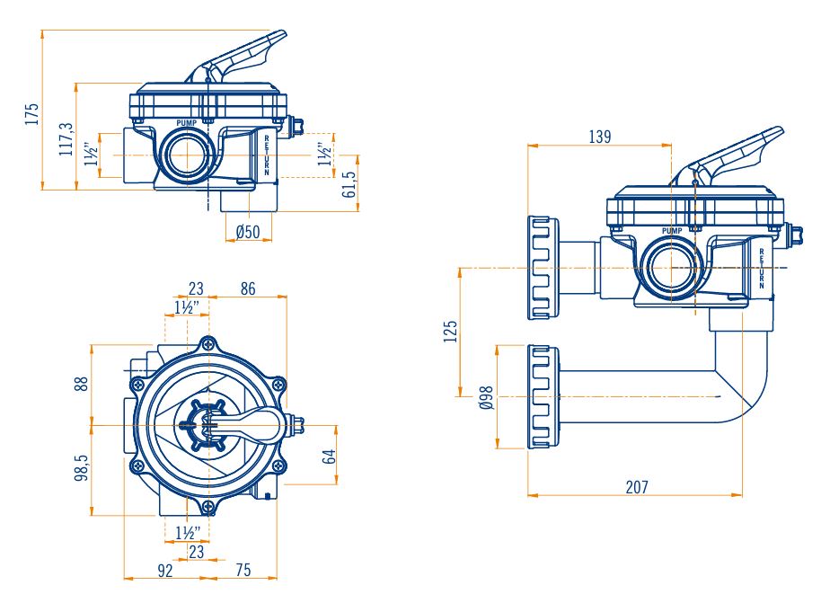Dimensions of lateral selector valves Flat