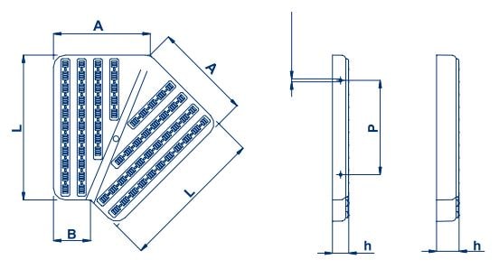 Dimensioni per la piastra angolare del canale di troppopieno a 45º